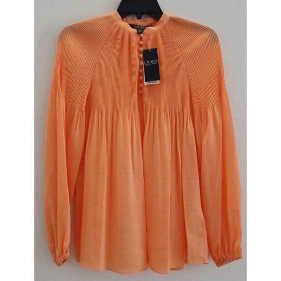 Lauren Ralph Lauren Women's Sz XS Red Pleated Georgette L/S Blouse $135 - Picture 1 of 6